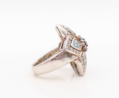925 Sterling Silver Vintage Ring White & Blue Topaz Flower  Sz 7  RG29943