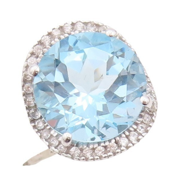 925 Sterling Silver Vintage Ring Round Cut Blue Halo White Topaz  Sz 7  RG30031