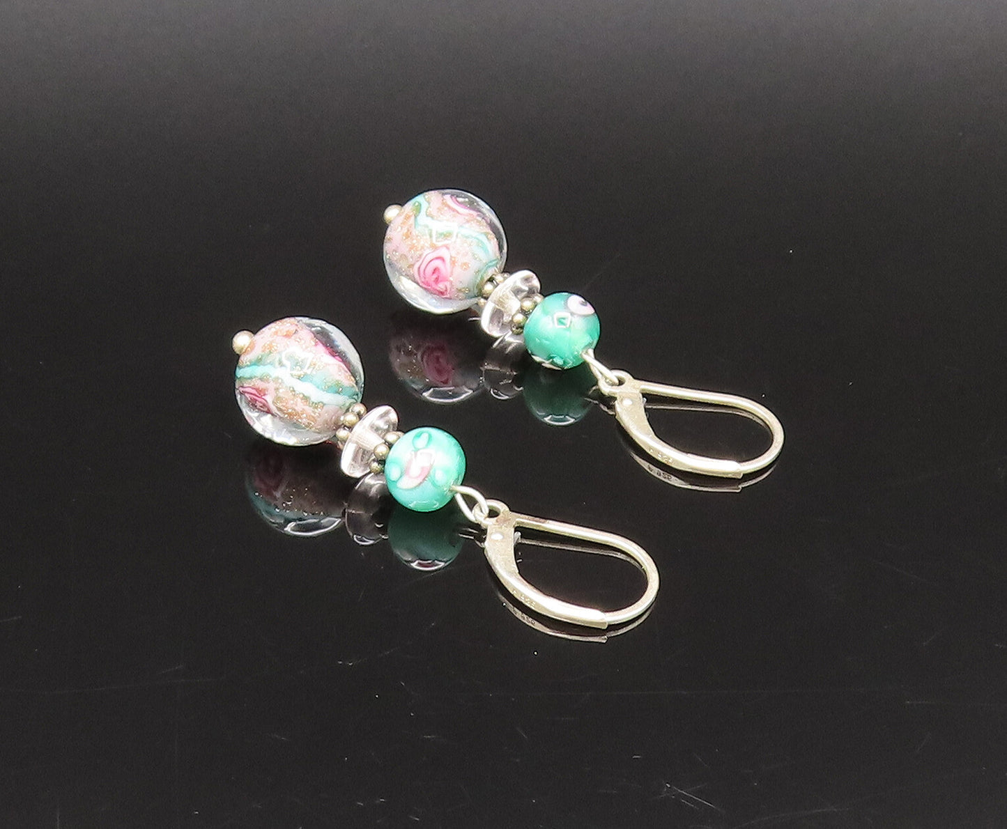 925 Silver  Vintage Beautiful Floral Bead Glass Art Dangle Earrings  EG12270