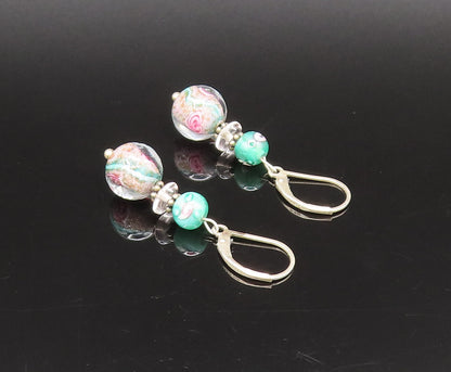 925 Silver  Vintage Beautiful Floral Bead Glass Art Dangle Earrings  EG12270