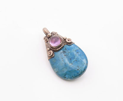 925 Sterling Silver  Vintage Blue Turquoise & Amethyst Swirl Pendant  PT19267