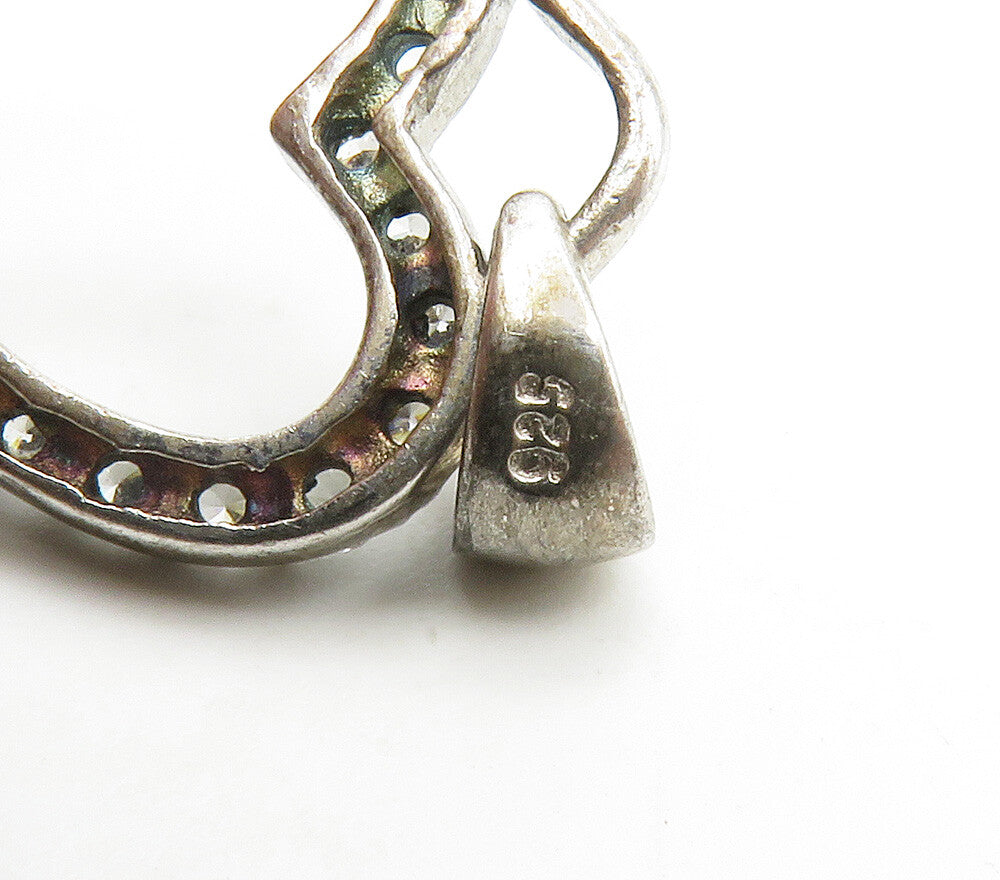 925 Sterling Silver Vintage White Topaz Open Love Heart Key Pendant PT12036