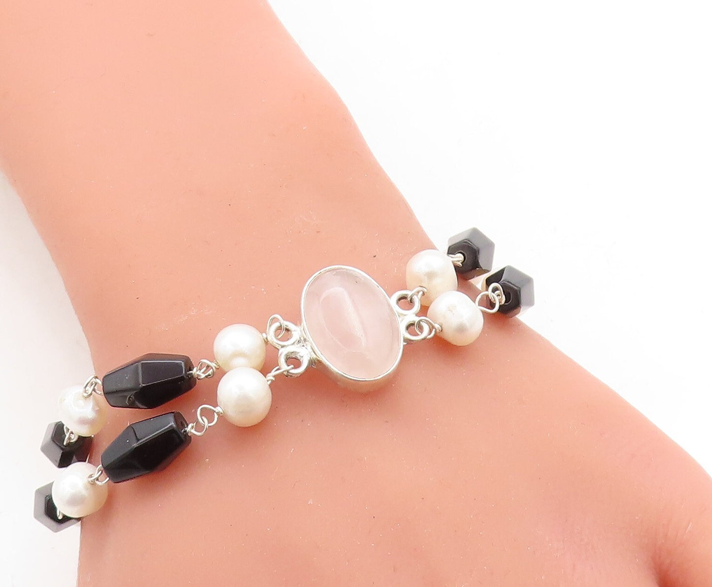 925 Sterling Silver  Rose Quartz & Freshwater Pearls Chain Bracelet  BT1164