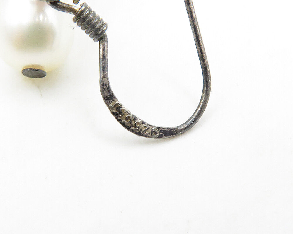 925 Sterling Silver  Vintage Pearl & Rose Quartz Swirl Dangle Earrings  EG9584