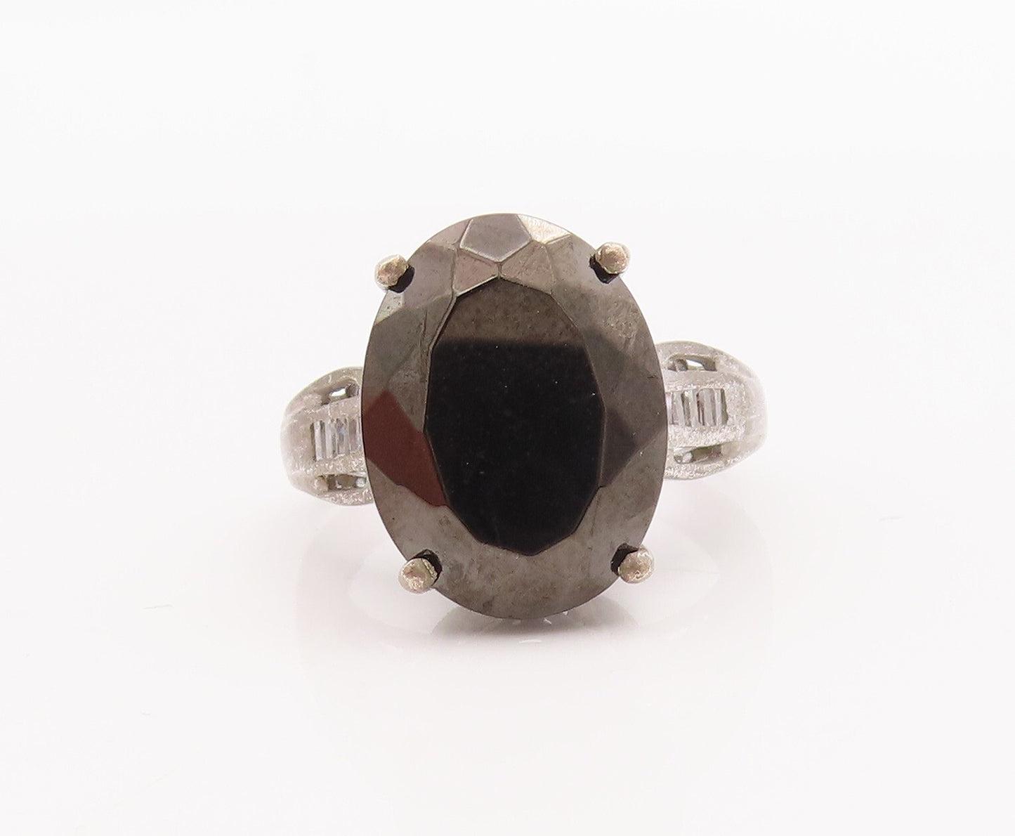 925 Sterling Silver Vintage Ring D'JOY Carved Neck Hematite & CZ  Sz 7  RG28936