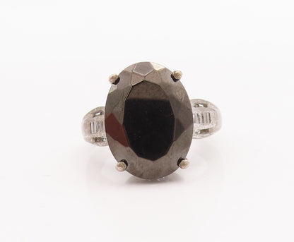 925 Sterling Silver Vintage Ring D'JOY Carved Neck Hematite & CZ  Sz 7  RG28936