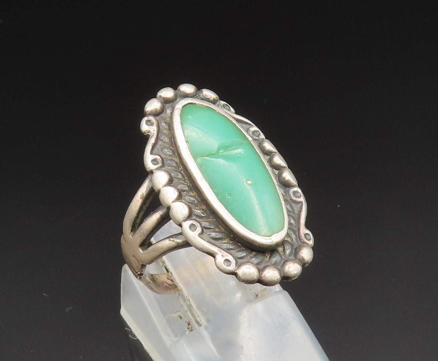 NAVAJO 925 Silver  Vintage Beaded Inlaid Green Turquoise Ring Sz 8  RG24893