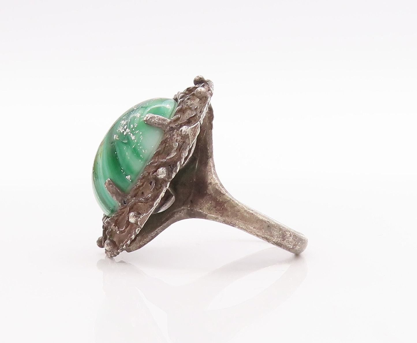 925 Sterling Silver Vintage Ring Wave Carved Oval Malachite  Sz 8.5  RG28828