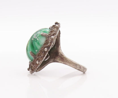 925 Sterling Silver Vintage Ring Wave Carved Oval Malachite  Sz 8.5  RG28828