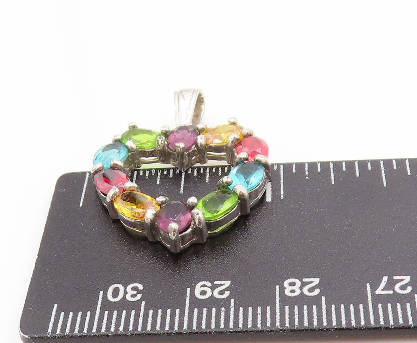 925 Sterling Silver Vintage Pendant Multi Gemstone Open Love Heart Charm PT25070