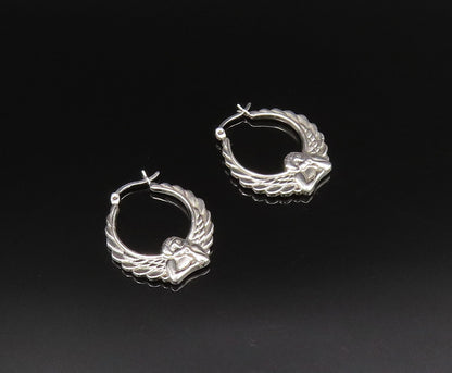 925 Silver  Vintage Polished Scalloped Angel Wings Hoop Earrings  EG12039