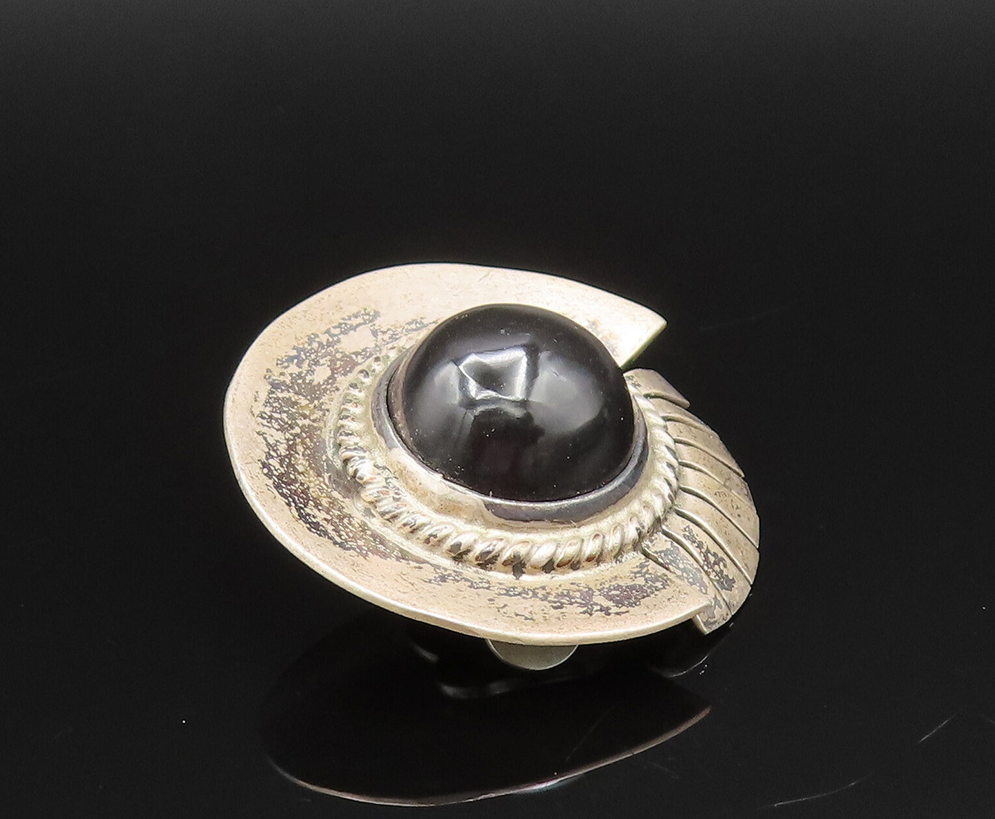 MEXICO 925 Silver  Vintage Round Black Onyx Non Pierced Earrings  EG11945