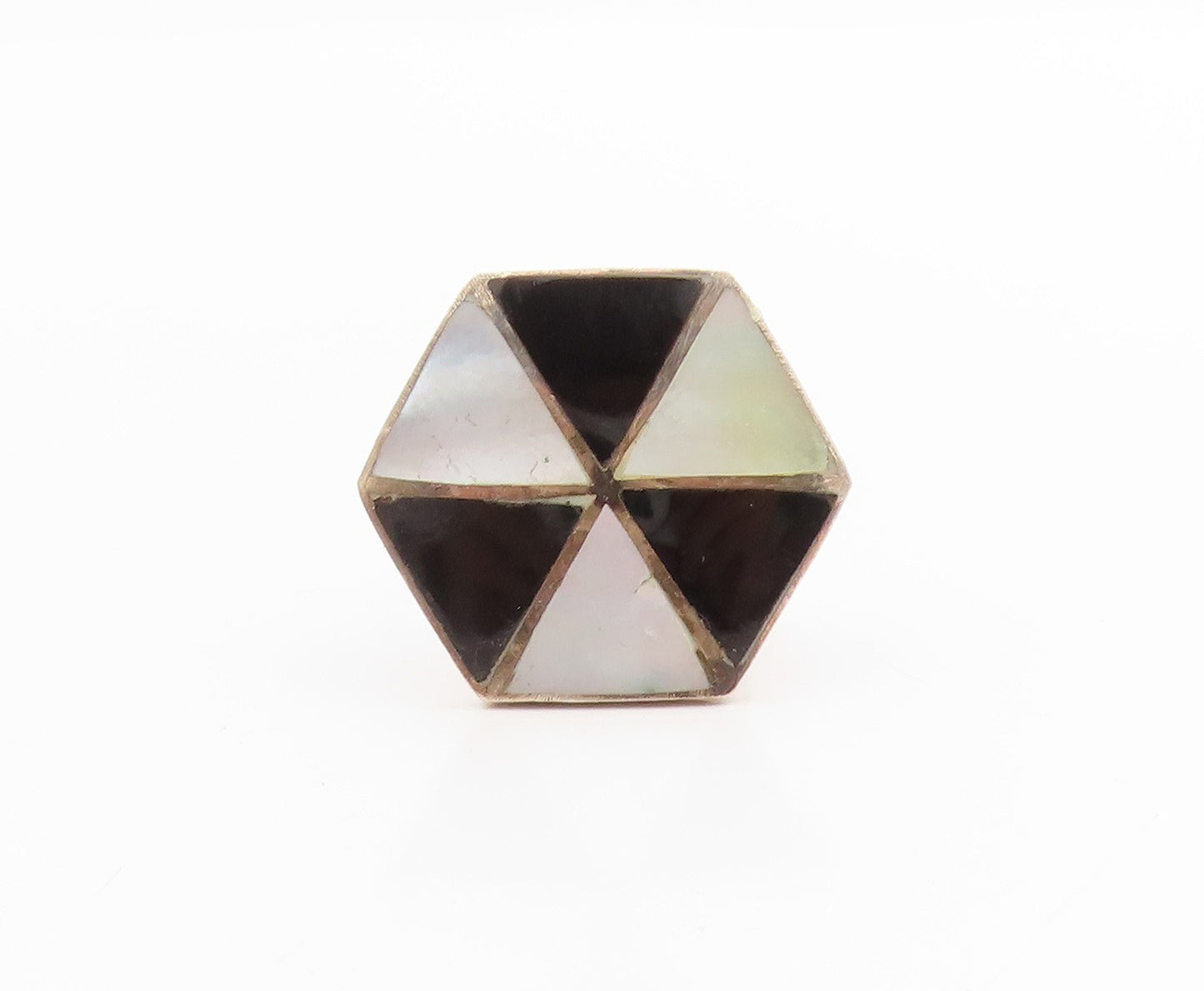 925 Sterling Silver Vintage Ring Mother Of Pearl Geometric Inlay  Sz 8  RG33933