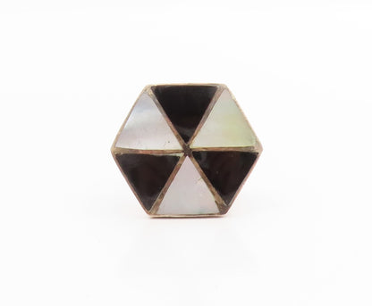 925 Sterling Silver Vintage Ring Mother Of Pearl Geometric Inlay  Sz 8  RG33933