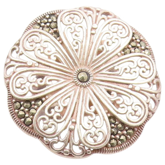 925 Sterling Silver Vintage Ring Marcasite Floral Filigree Band  Sz 7  RG36627