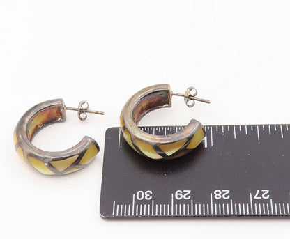 925 Sterling Silver Vintage Earrings Mother Of Pearl Geometric Inlay  EG13870