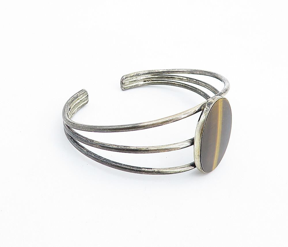 925 Sterling Silver  Vintage Tiger's Eye Split Shank Cuff Bracelet  BT2882