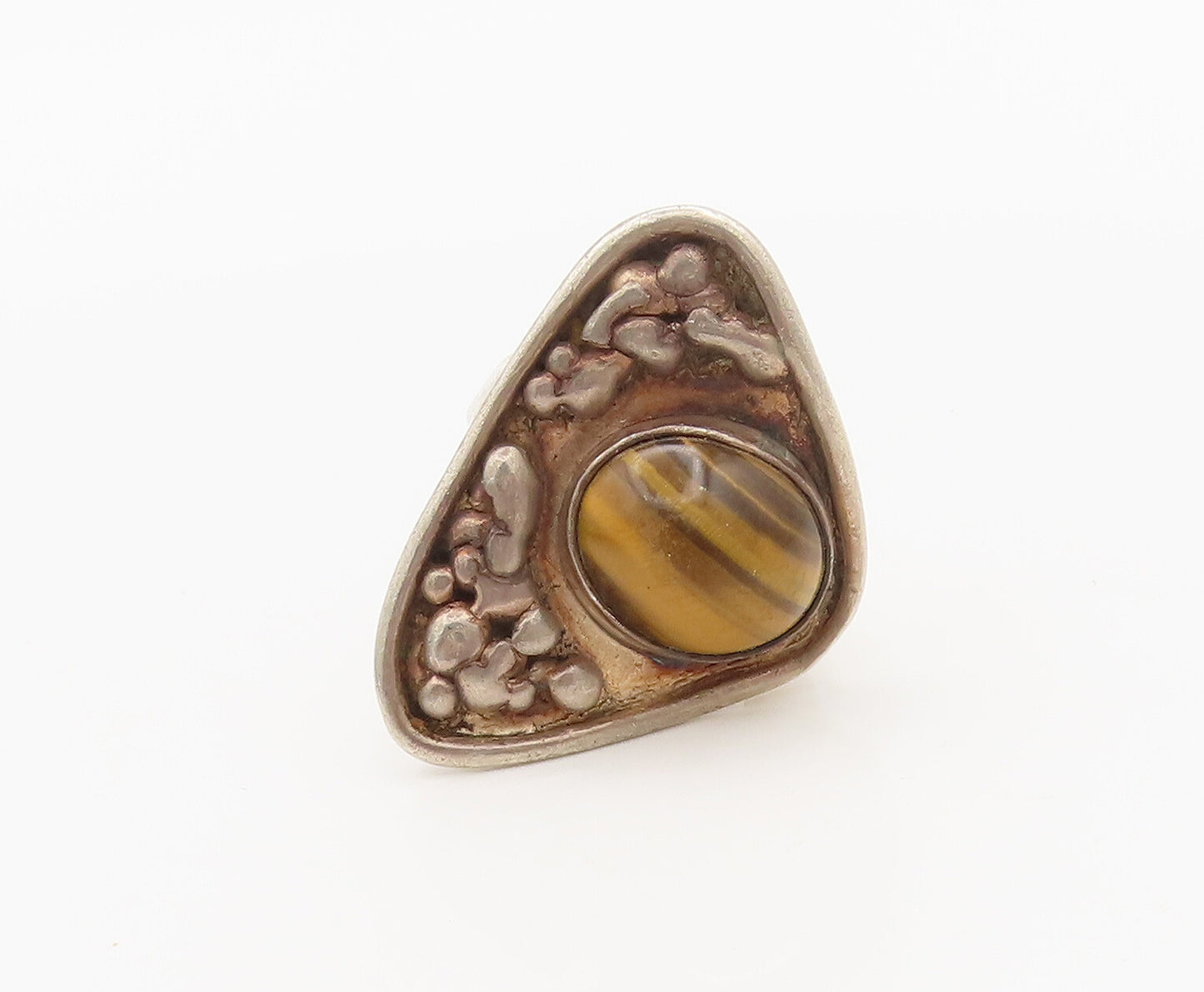 925 Sterling Silver  Vintage Beaded Tiger's Eye Triangle Ring Sz 5.5  RG27388