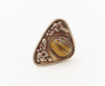 925 Sterling Silver  Vintage Beaded Tiger's Eye Triangle Ring Sz 5.5  RG27388