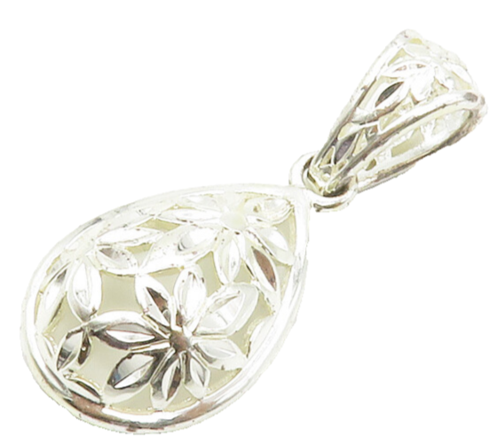 925 Sterling Silver  Shiny Polished Floral Dome Tear Drop Pendant  PT11244