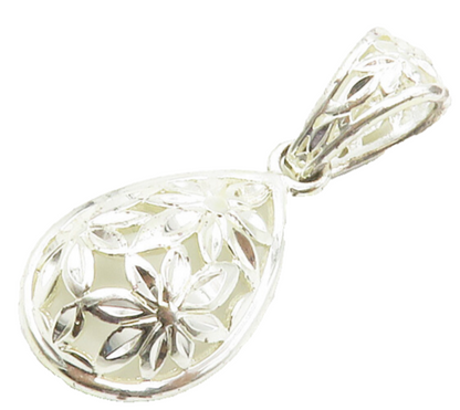 925 Sterling Silver  Shiny Polished Floral Dome Tear Drop Pendant  PT11244