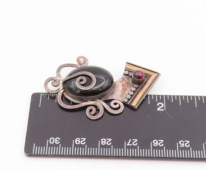 14k Gold & 925 Sterling Silver Vintage Brooch Pin Onyx & Garnet Women  BP12419