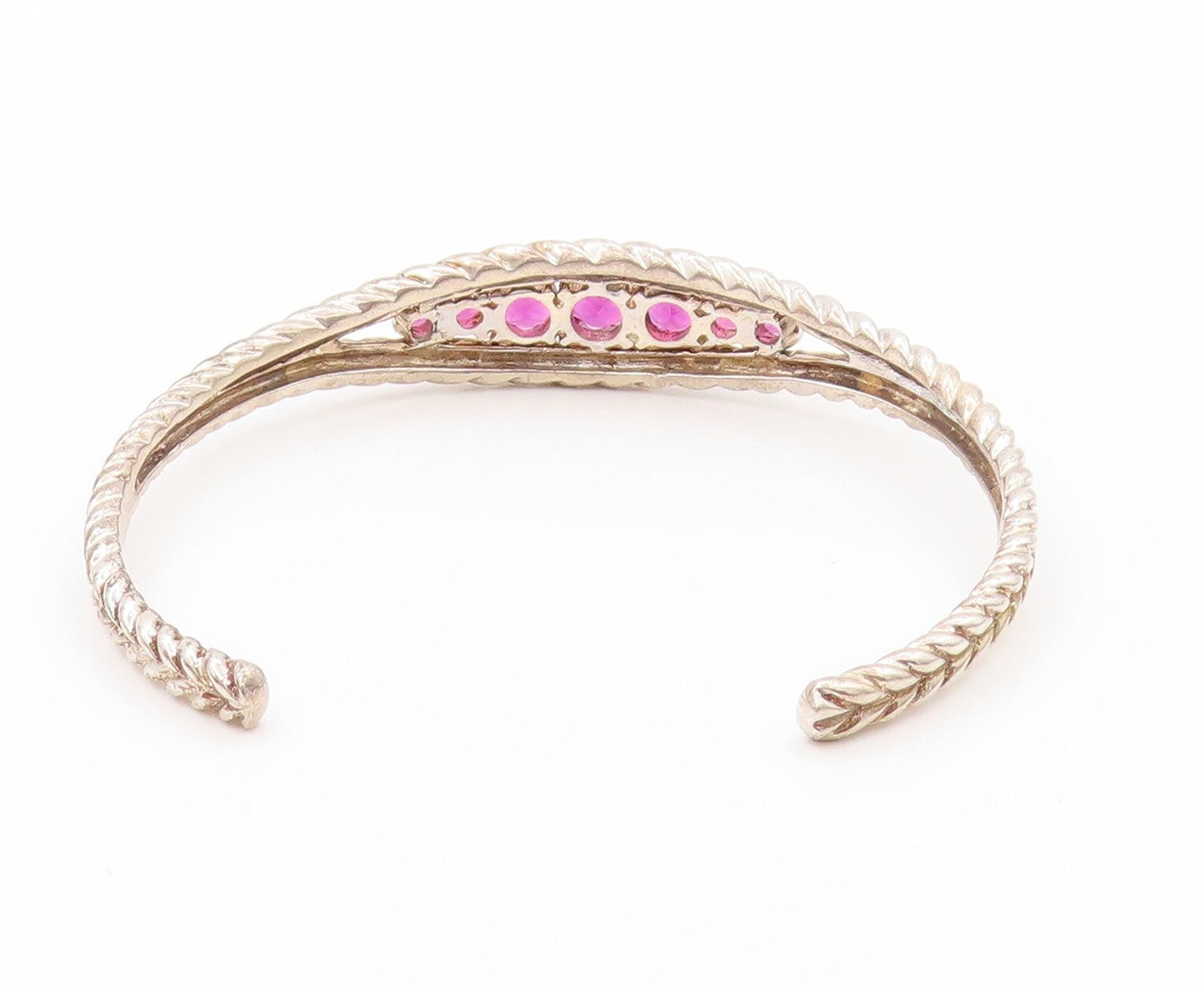 925 Sterling Silver Vintage Bracelet Designer Round Pink CZ Roped Cuff  BT11067