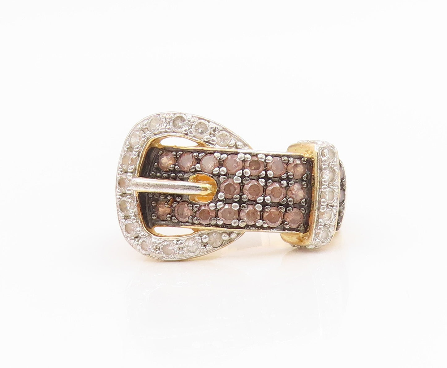 925 Sterling Silver Vintage Ring Gold Plated CZ Belt Buckle Design Sz 6 RG34650