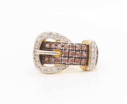 925 Sterling Silver Vintage Ring Gold Plated CZ Belt Buckle Design Sz 6 RG34650