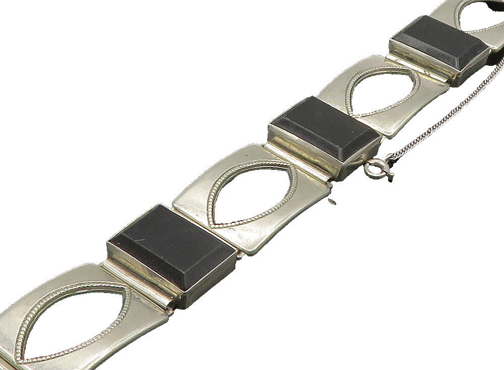 GERMANY 925 Silver  Vintage Black Onyx Square Hinge Chain Bracelet  BT9227