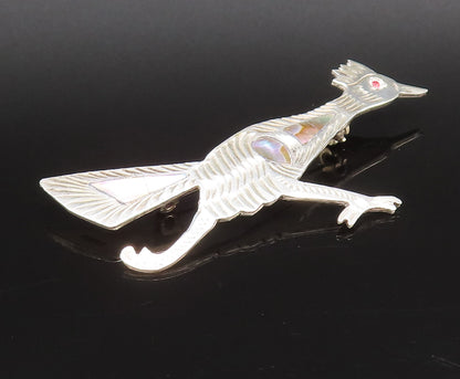 925 Silver  Vintage Etched Abalone Bird With Red Topaz Eye Brooch Pin  BP10062