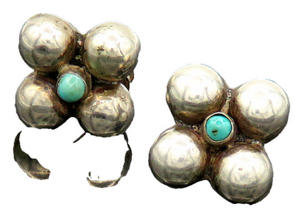 MEXICO 925 Sterling Silver Vintage Turquoise Floral Non Pierce Earrings EG9979