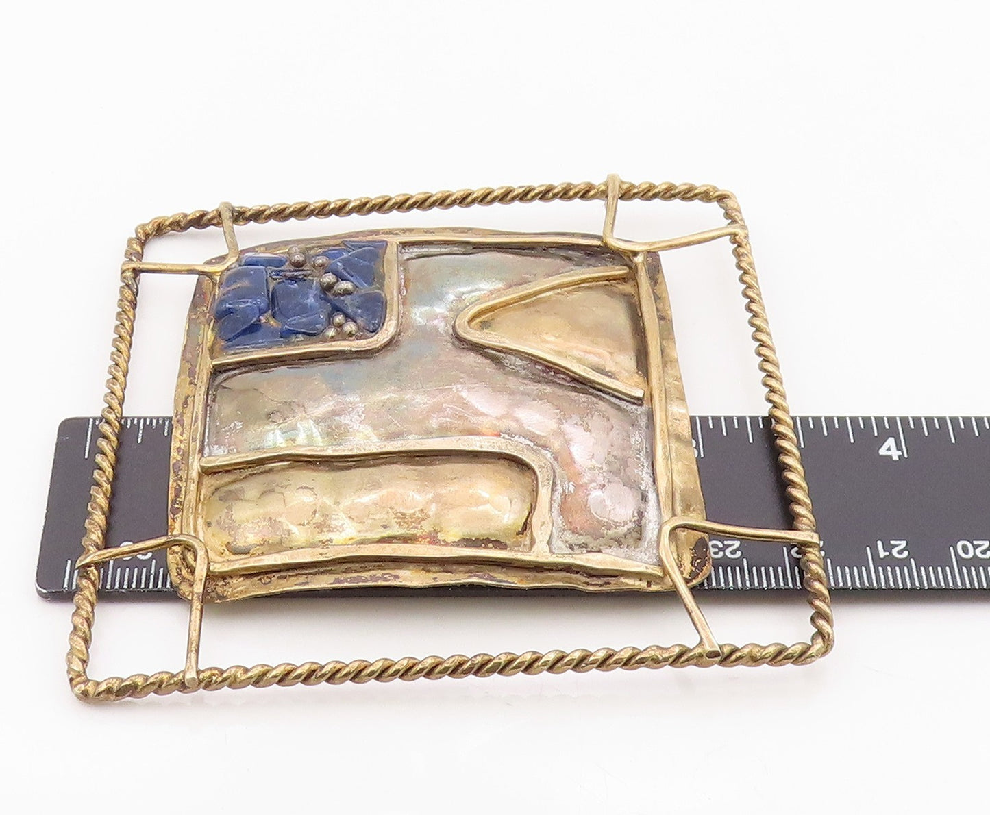 925 Sterling Silver Vintage Brooch Pin DE LILLO Lapis Lazuli Wire Grid  BP12582
