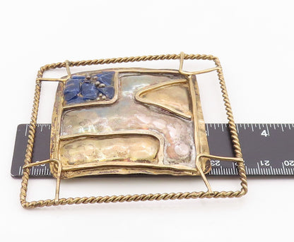 925 Sterling Silver Vintage Brooch Pin DE LILLO Lapis Lazuli Wire Grid  BP12582
