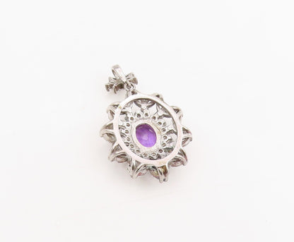 925 Sterling Silver Vintage Pendant Amethyst & Halo CZ Floral Cluster  PT25563