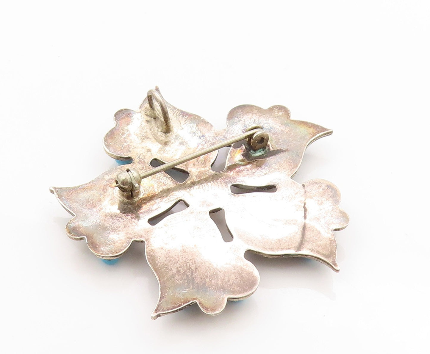 925 Sterling Silver Vintage Brooch Pin NAVAJO ZUNI Larimar Flower  BP11658