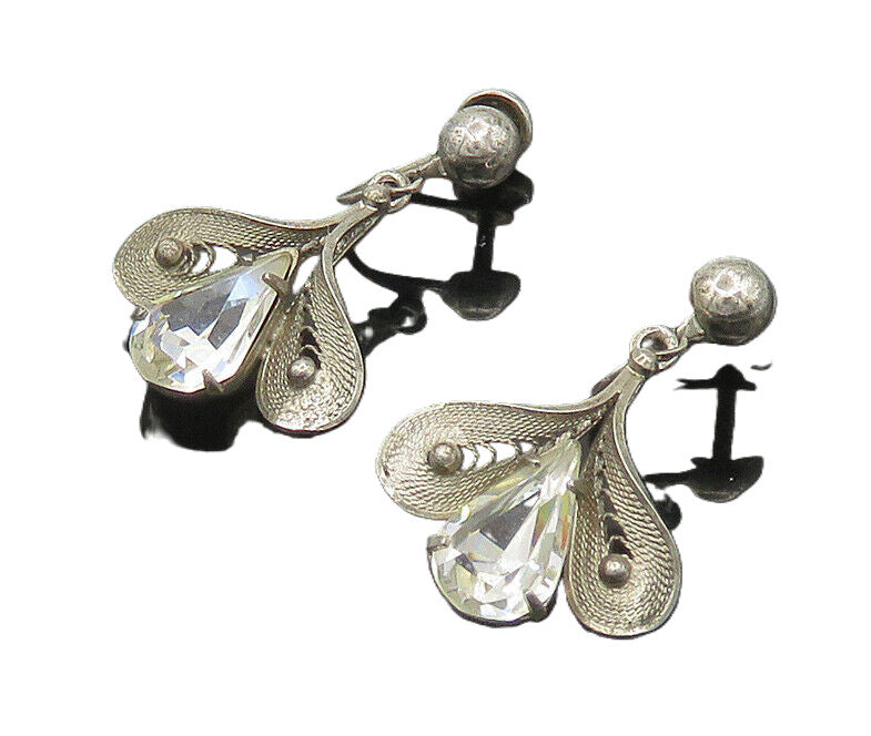 925 Sterling Silver  Vintage Cubic Zirconia Floral Non Pierce Earrings  EG9346