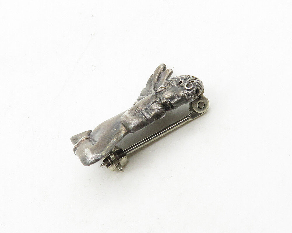 925 Sterling Silver  Vintage Oxidized Praying Baby Angel Brooch Pin  BP7160