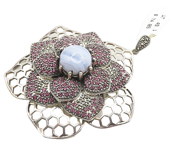 925 Sterling Silver  Vintage Blue Agate & Pink Topaz Flower Pendant  PT14857