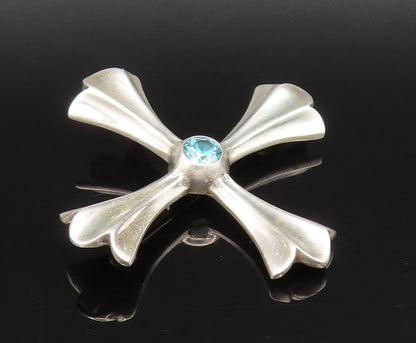 925 Sterling Silver  Vintage Fancy Blue Topaz Fluted Cross Brooch Pin  BP10067
