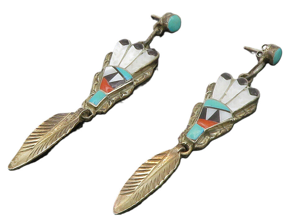ZUNI 925 Silver Vintage Mother Of Pearl & Multi Stone Feather Earrings EG7060