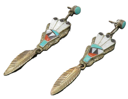 ZUNI 925 Silver Vintage Mother Of Pearl & Multi Stone Feather Earrings EG7060