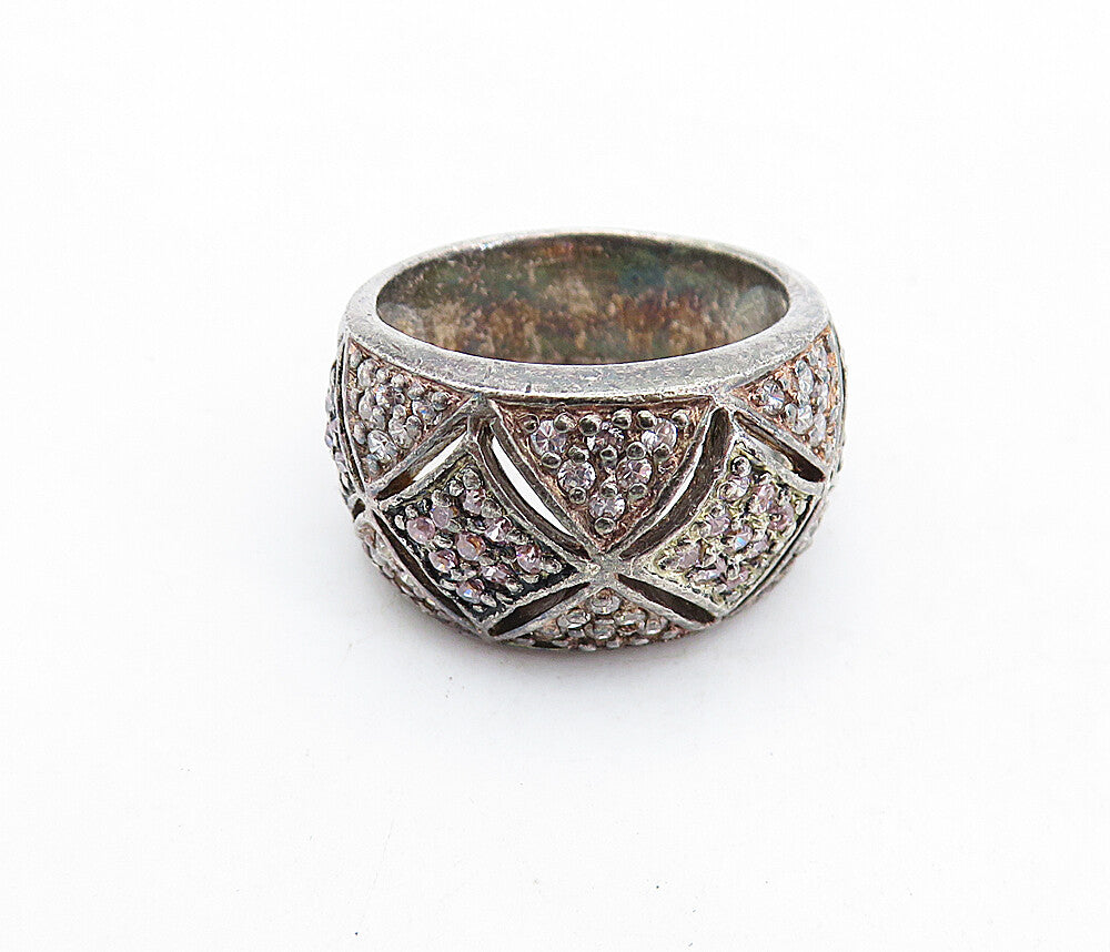 925 Sterling Silver  Vintage Pink & White Topaz Oxidized Band Ring Sz 7 RG5775