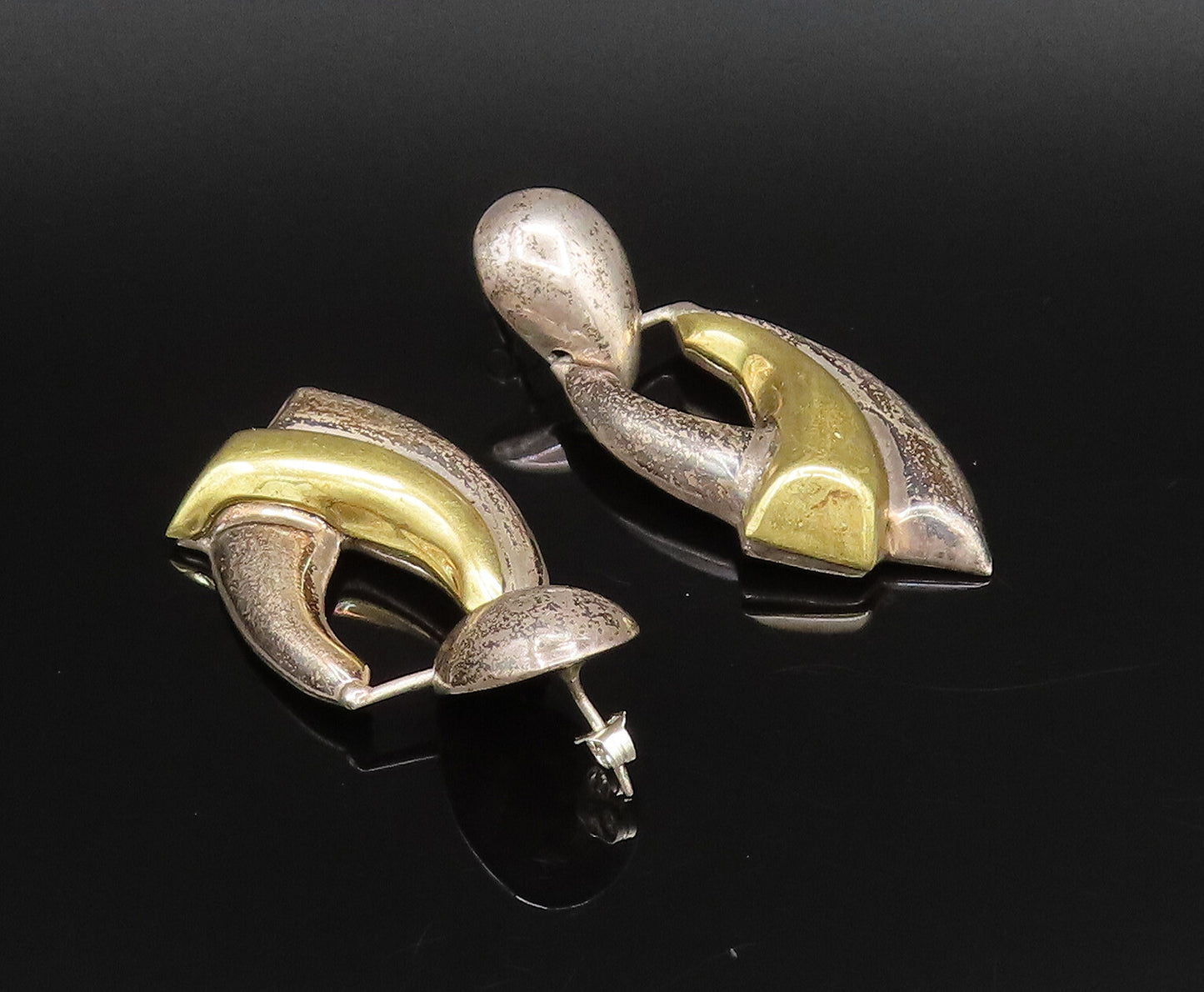MEXICO 925 Silver  Vintage Two Tone Modernist Bypass Dangle Earrings  EG12201