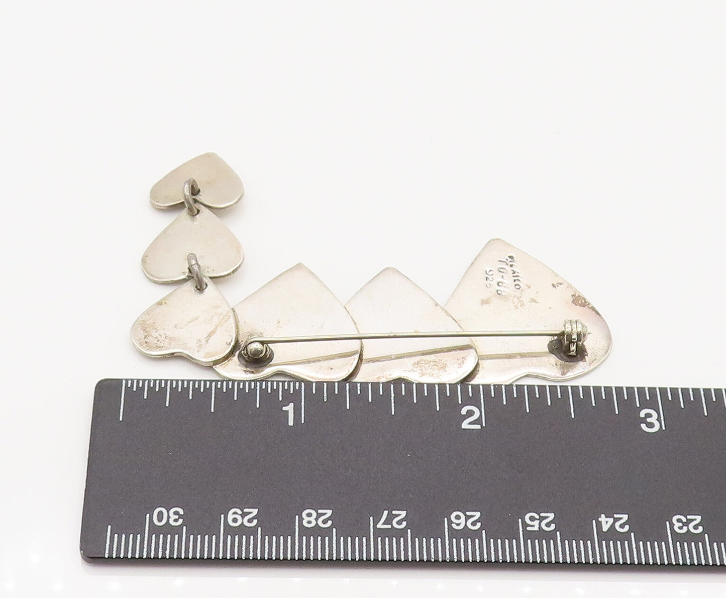 MEXICO 925 Silver  Vintage Graduated Love Hearts Dangle Brooch Pin  BP10193