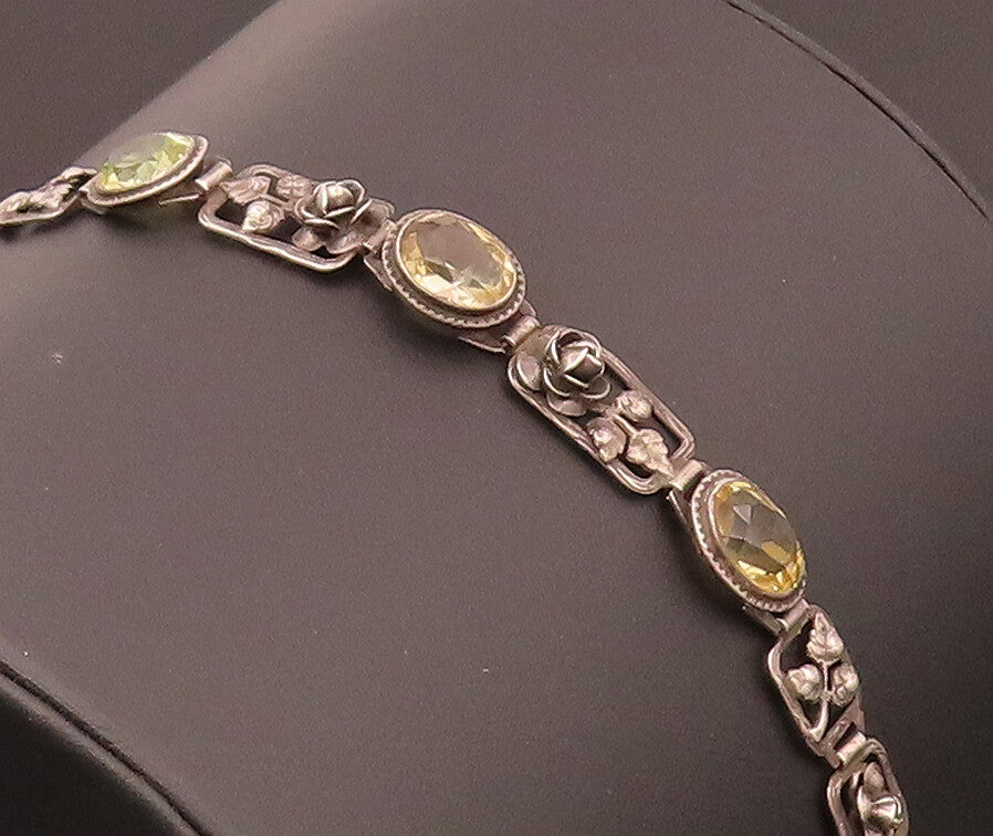 GERMANY 925 Silver  Vintage Rose & Leaf stencil Cutout Citrine Bracelet BT9839