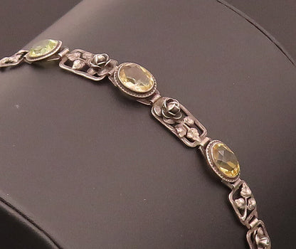 GERMANY 925 Silver  Vintage Rose & Leaf stencil Cutout Citrine Bracelet BT9839