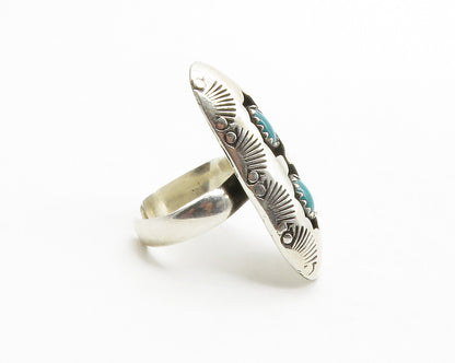 NAVAJO 925 Silver  Vintage Turquoise Etched 2 Stone Cocktail Ring Sz 7 RG12784