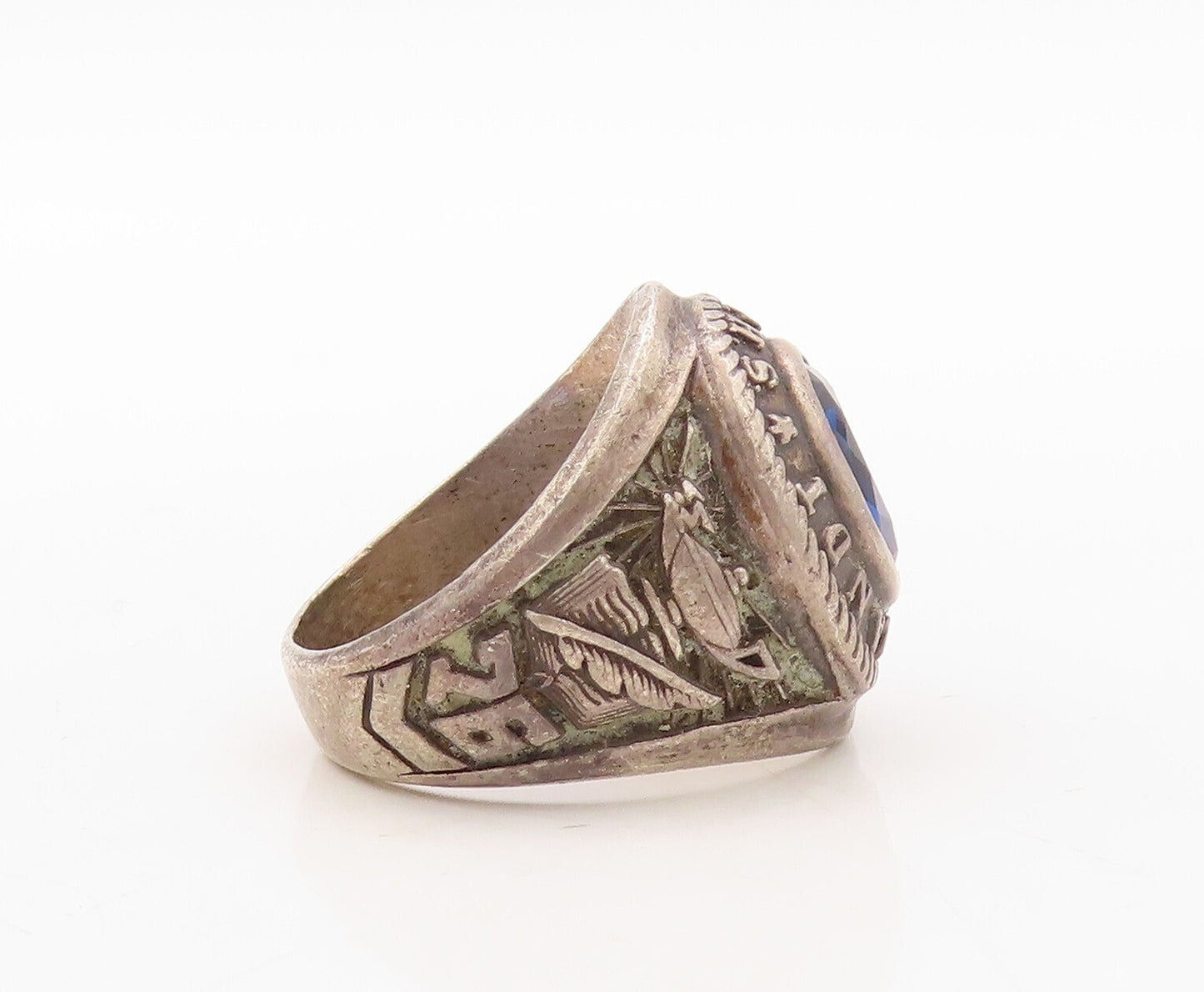 925 Sterling Silver Vintage Carved 1976 High School Sapphire  Sz 7.5  RG31029