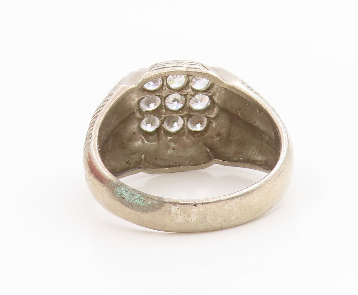 925 Sterling Silver Vintage Ring CZ Grid Etched Statement Band  Sz 13  RG35855